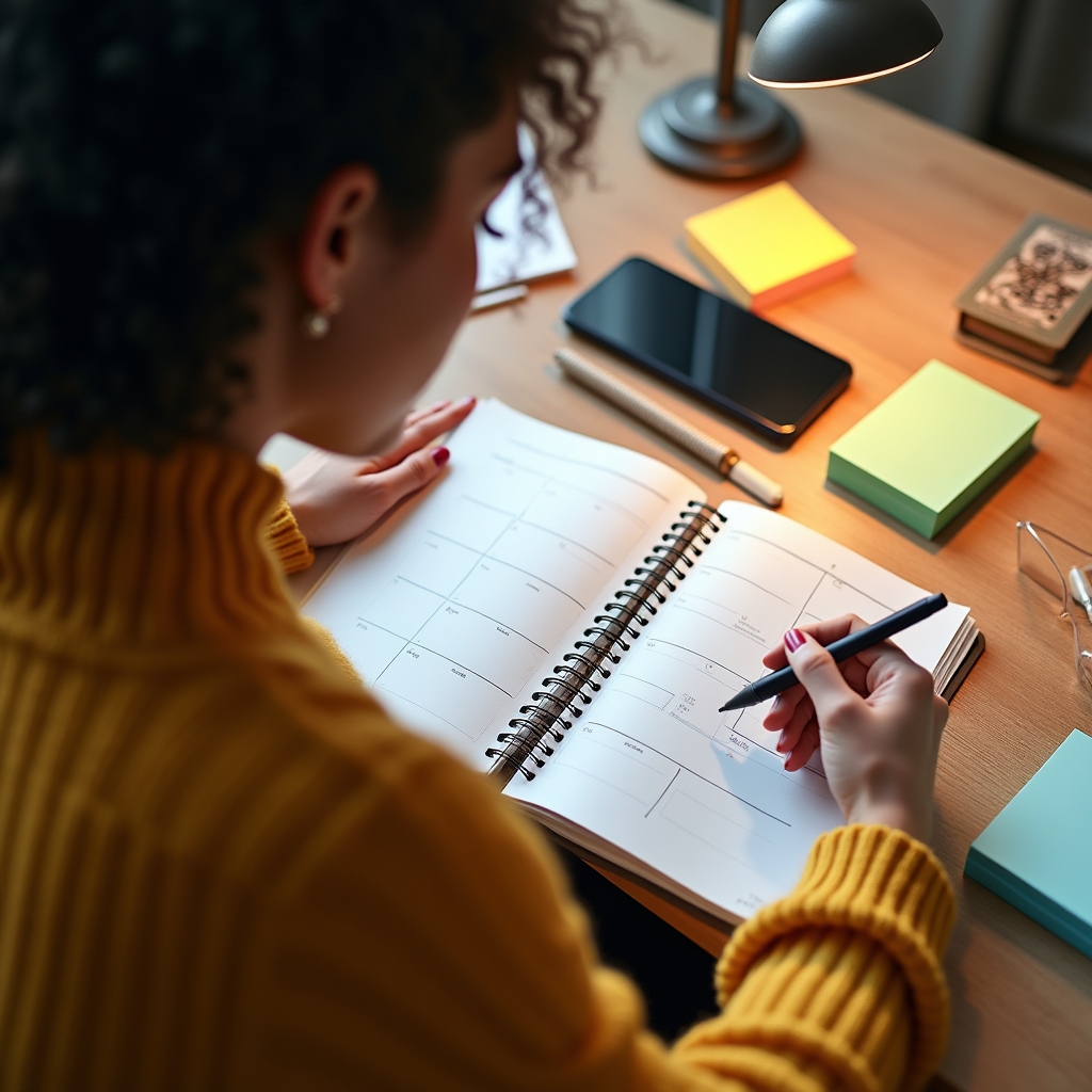Life planning session with notes and calendar on table
